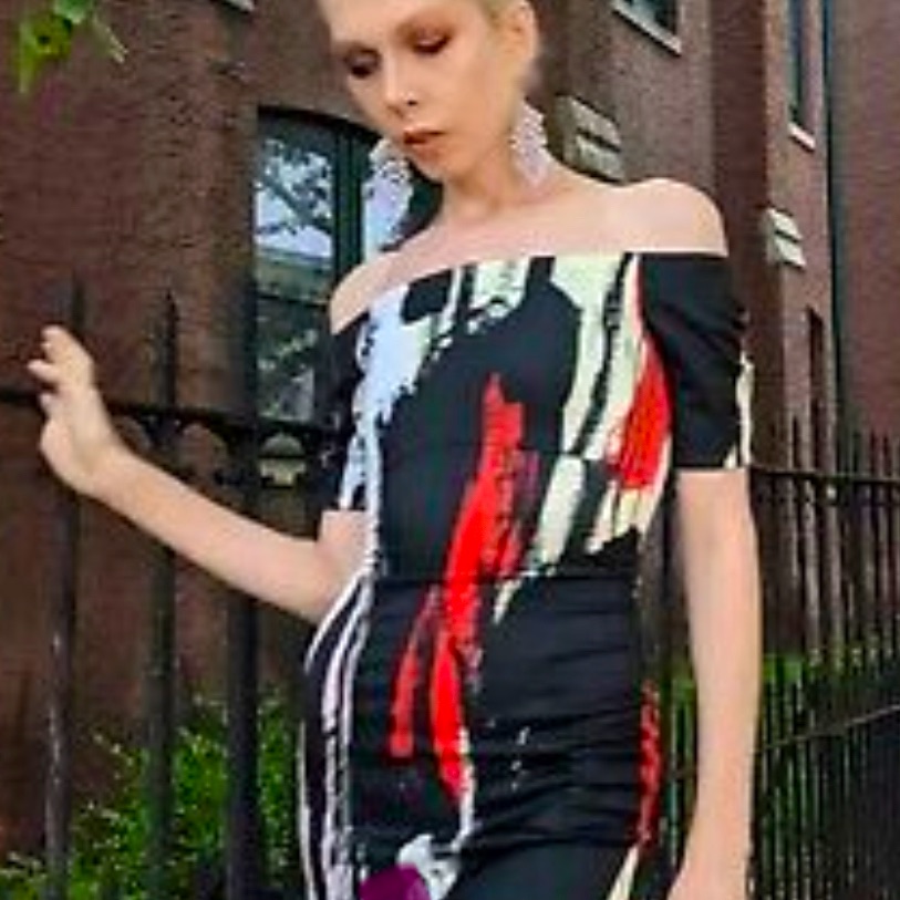 H & S Bodycon Off-The-Shoulder Red /Black/White/Pink Art Print Dress Size S/M